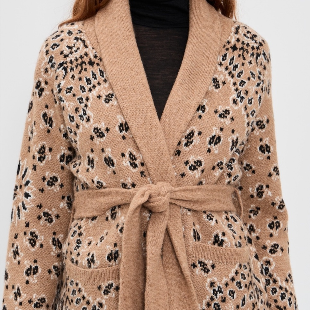 THE GREAT. Camel Leopard Print Wrap Cardigan with Belt